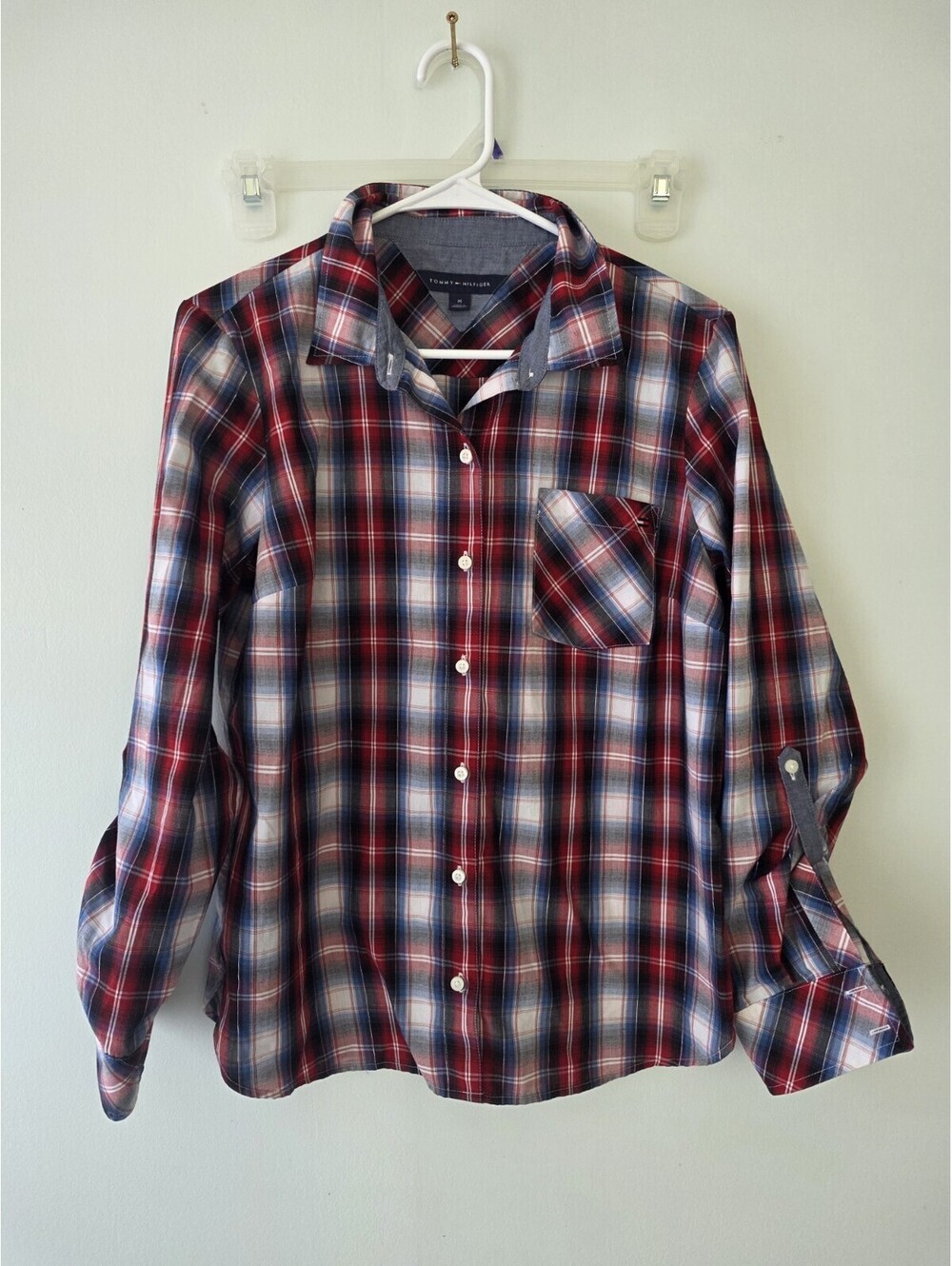 Tommy Hilfiger Women’s Plaid Flannel Button Down Shirt M Roll Tab Sleeve Grunge